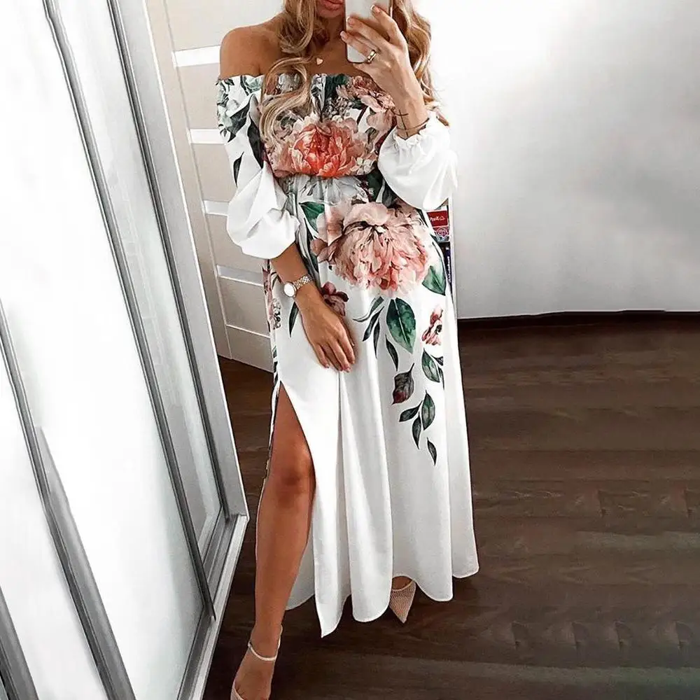 Летнее платье с открытыми плечами и цветочным принтом женское осеннее