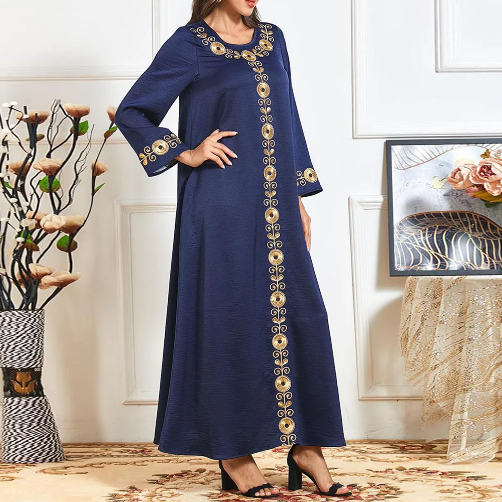 

Blue Solid Color Dress Ethnic Embroidery Casual Comfortable Long Skirt Arabian Robe Long Sleeve A Line Pullover 2021 Summer