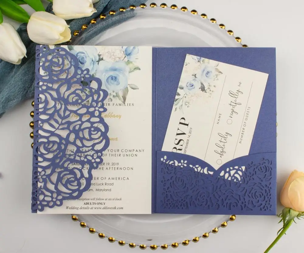 Свадебные приглашения темно синего цвета с жемчугом 50 шт. свадебные три складных