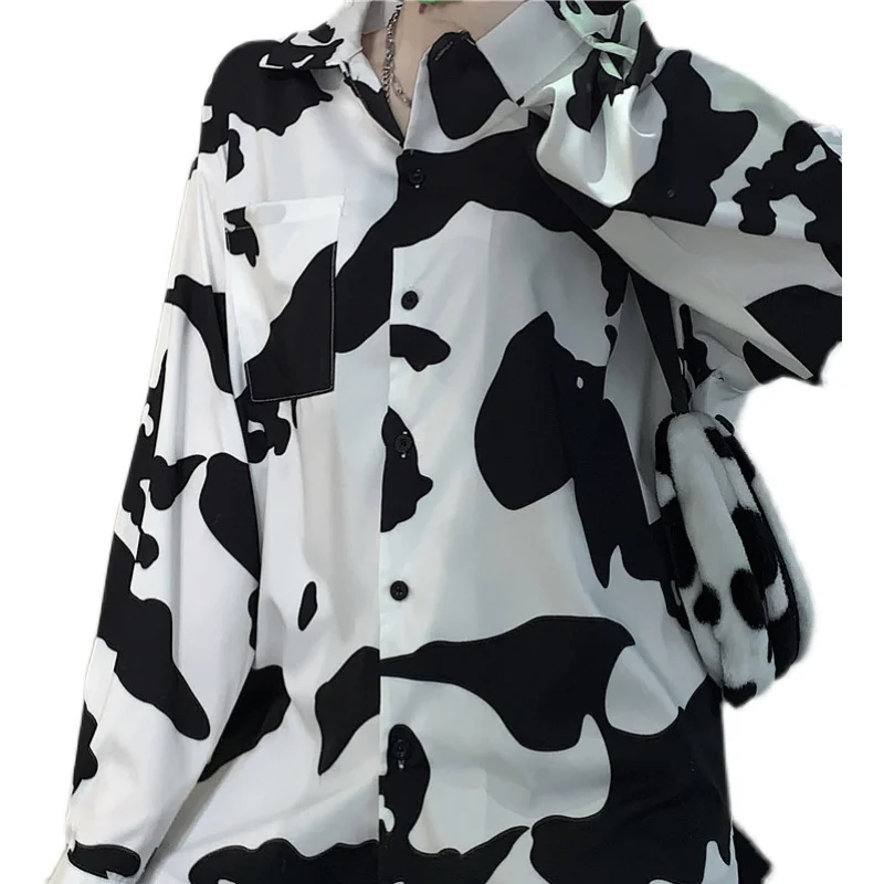

Harajuku Style Dark Cow Print Summer Women Button Up Shirt Long Sleeve Women's Blouse Streetwear Clothes Blouse Graphic Cardigan