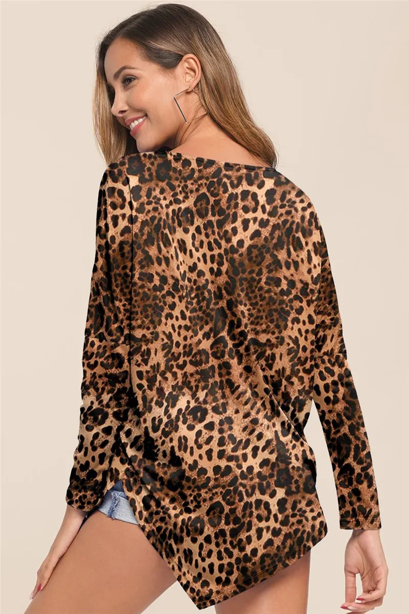 

Leopard Long Sleeve Shirt Women T-shirt Vintage Asymmetric Batwing Sleeve Loose Female T-Shirts Casual Camouflage Plus Size Tops
