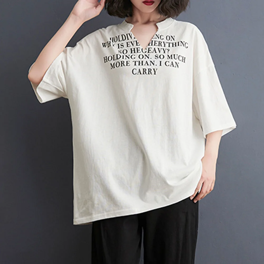 

2021 Summer New T-Shirt Loose Temperament V-neck Letter Printing Thin Solid Color Summer Oversize Simplicity Japanese Style