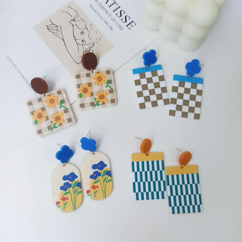 

Acrylic Graffiti Print Plant Daisy Checkered Blue White Stripes Earrings Women Accessory