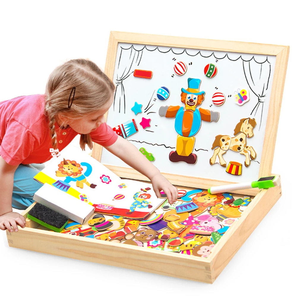 

100+Pcs Wooden Magnetic Puzzle Toys Children 3D Puzzle Figure Animals Vehicle Circus Drawing Board 5 Styles Learning Wood Toys