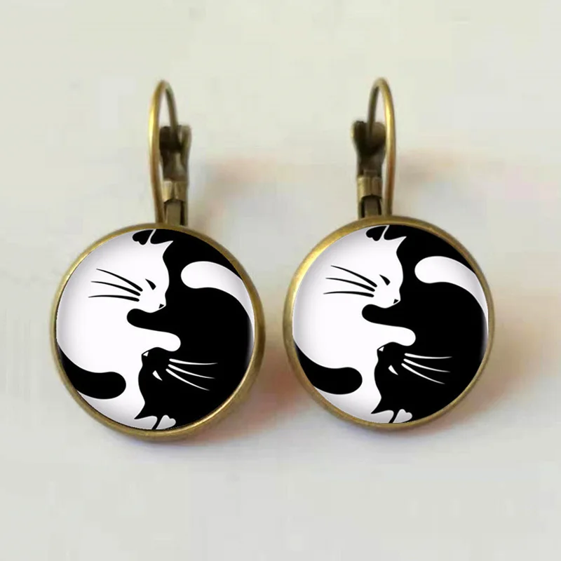 Vintage Yin Yang Cats Glass Cabochon Statement Pendant Drop Earrings For Women Females Jewelry Gift Hot Sale | Украшения и