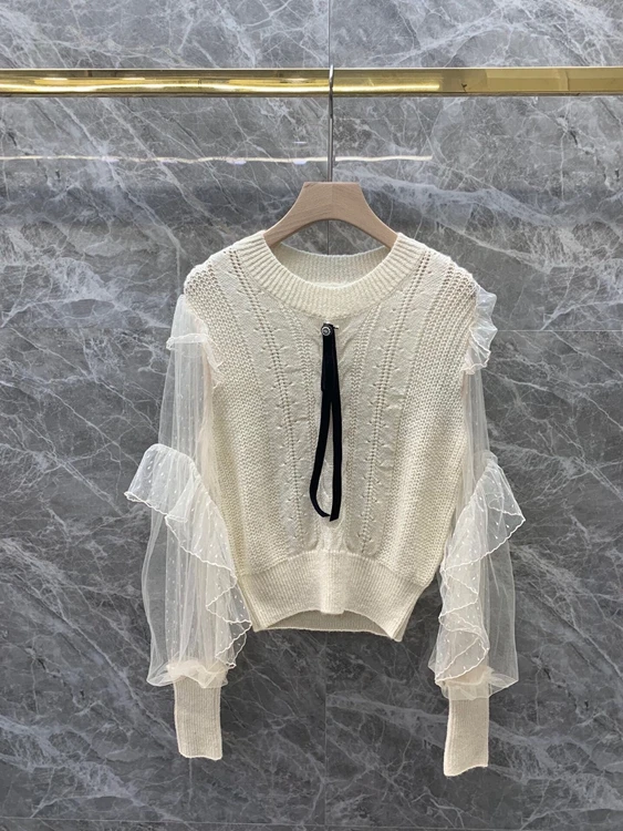 

2021 new women fashion round neck bowknot splicing net gauze perspective decoration long-sleeved top 907