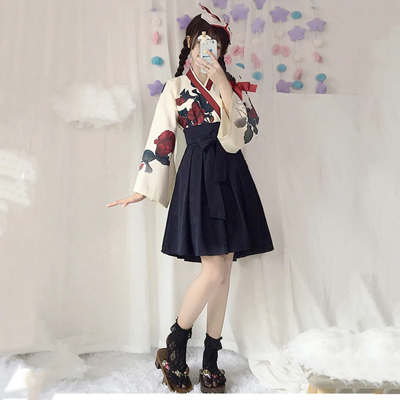 Кимоно в японском стиле для женщин, Taisho Girl Haori, модный топ с цветочным принтом и юбки, наряды, азиатская одежда, Camellia love - Цвет: Black Suit