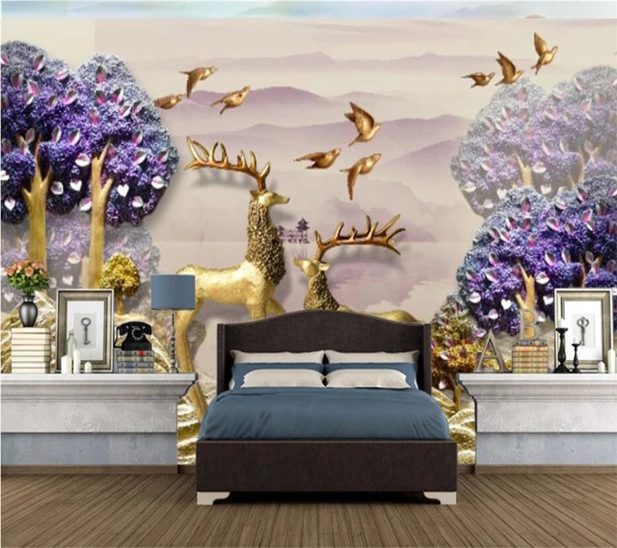 beibehang Custom wallpaper 3d new Chinese embossed purple forest plum deer background wall papers home decor mural | Обустройство