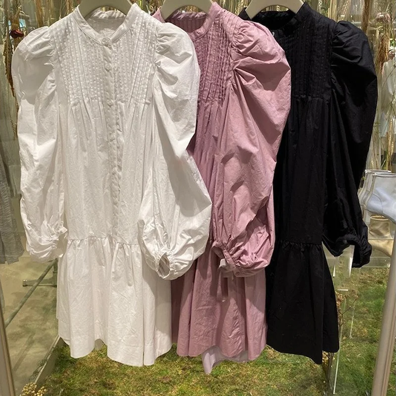 

Japanese Elegant O Neck Long Sleeve Woman Dress with Camis Simple Loose Casual Mini Vestido De Mujer Puff Sleeve Cute Sweet Robe
