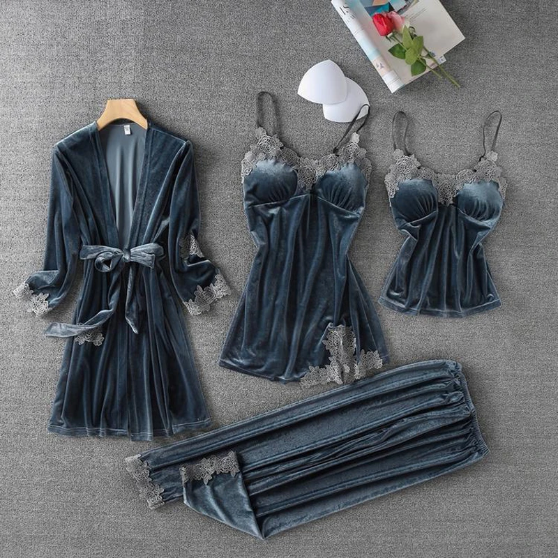 

4PCS Sleep Set Womens Velour Nightwear Autumn New Sleepwear V-Neck Lace Pijamas Softy Gown Sleepshirt Pajamas Suit Negligee