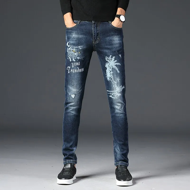 

Embroidery Blue Men Jeans Fantastic Patterns Quality Brand Slim Elastic Comfortable Hiphop Pants Multiple Styles Trousers