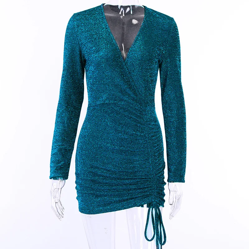 

2021 Sexy Long Sleeve V-neck Slim Shiny Mini Dress Women Autumn Nightclub Party Dress