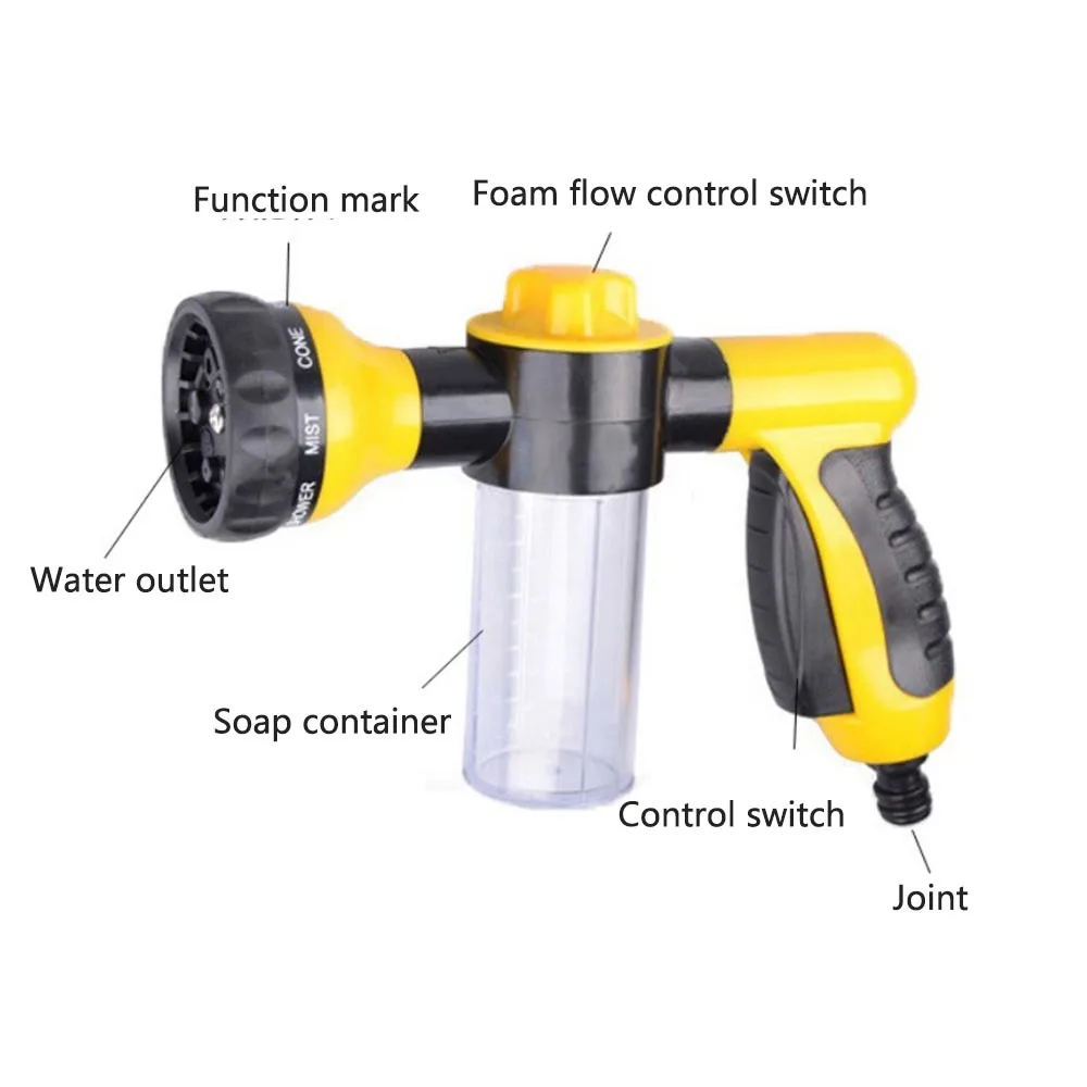 

Multi-function 8 Patterns Foam Water Sprayer with 4 Water Pipe Joints for Cleaning Washing Snow Foam Lance Soap Foamer Sprayer