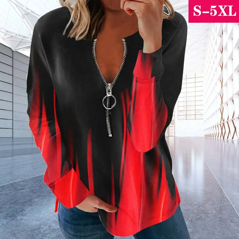 

New Fashion Women Tees Female Big Large Autumn Spring Zipper Boho Sexy Casual Tops Femme Full Sleeve Ladies T Shirts