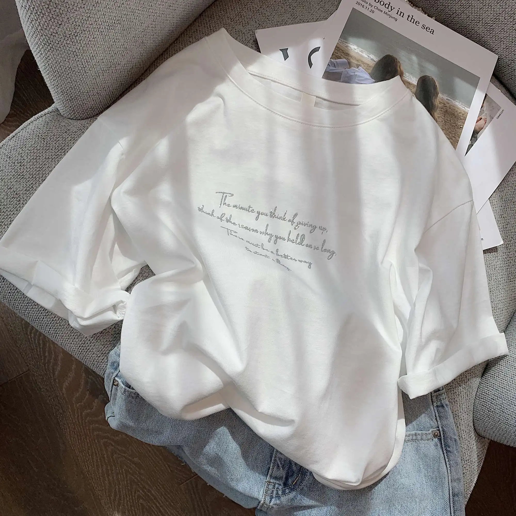 

Cotton embroidered short sleeve T-shirt for women's 2021 summer new Korean version loose and versatile temperament shows women's