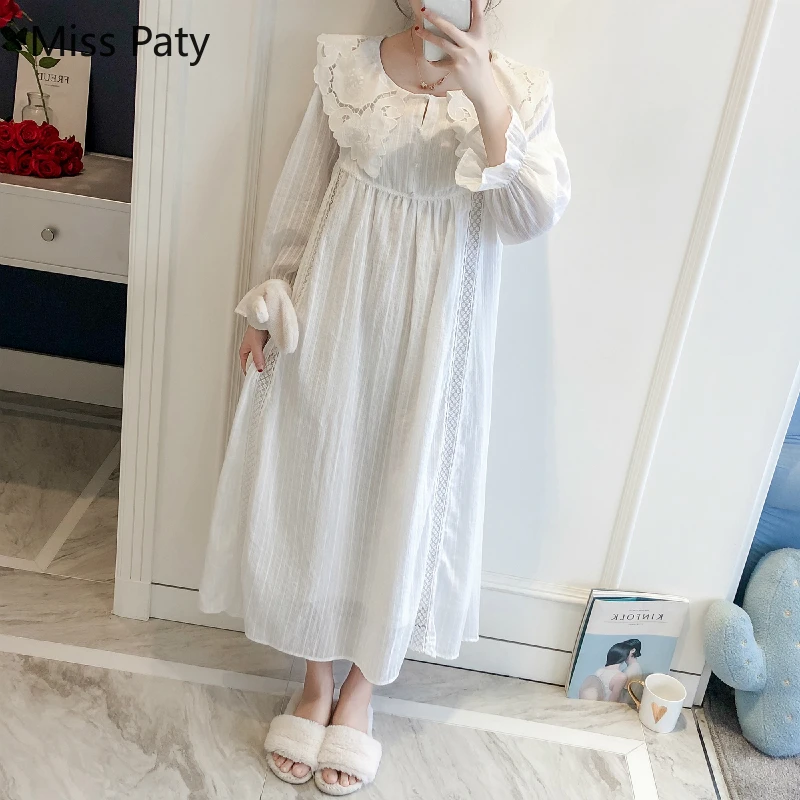 Новинка Женская весенне летняя хлопковая кружевная ночная сорочка с воротником