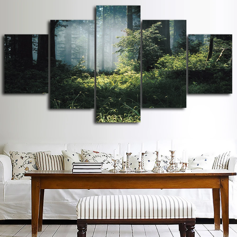 Canvas HD Prints Pictures Framework 5 Pieces Green Forest Landscape Paintings Home Wall Art Decor Posters | Дом и сад