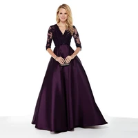 latest gorgeous dark purple lace mother of the bride dresses with three quarter sleeves v neckline wedding guest gowns appliqued
