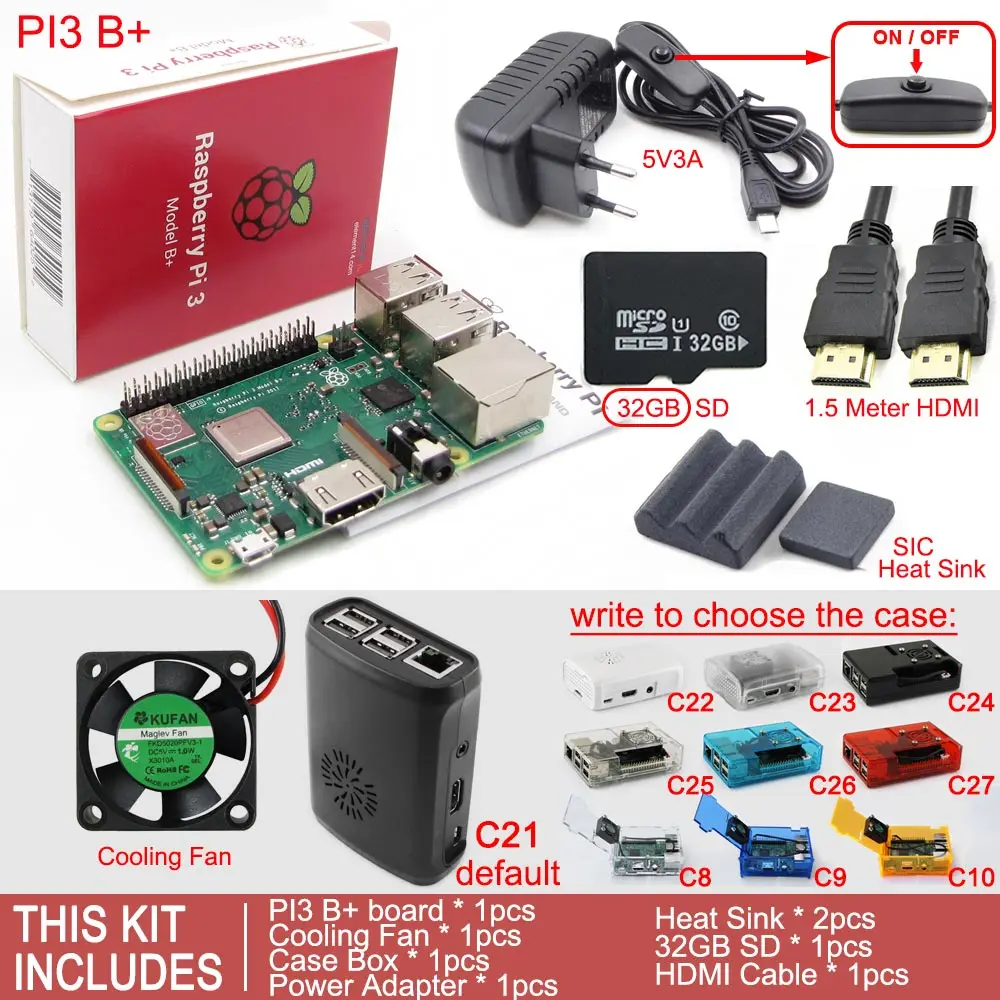 Комплект 6 Raspberry Pi 3 Model B+ плюс плата+ чехол коробка+ вентилятор охлаждения+ sd-карта+ теплоотвод+ адаптер питания переменного/постоянного тока+ кабель HDMI - Комплект: Комплект 6