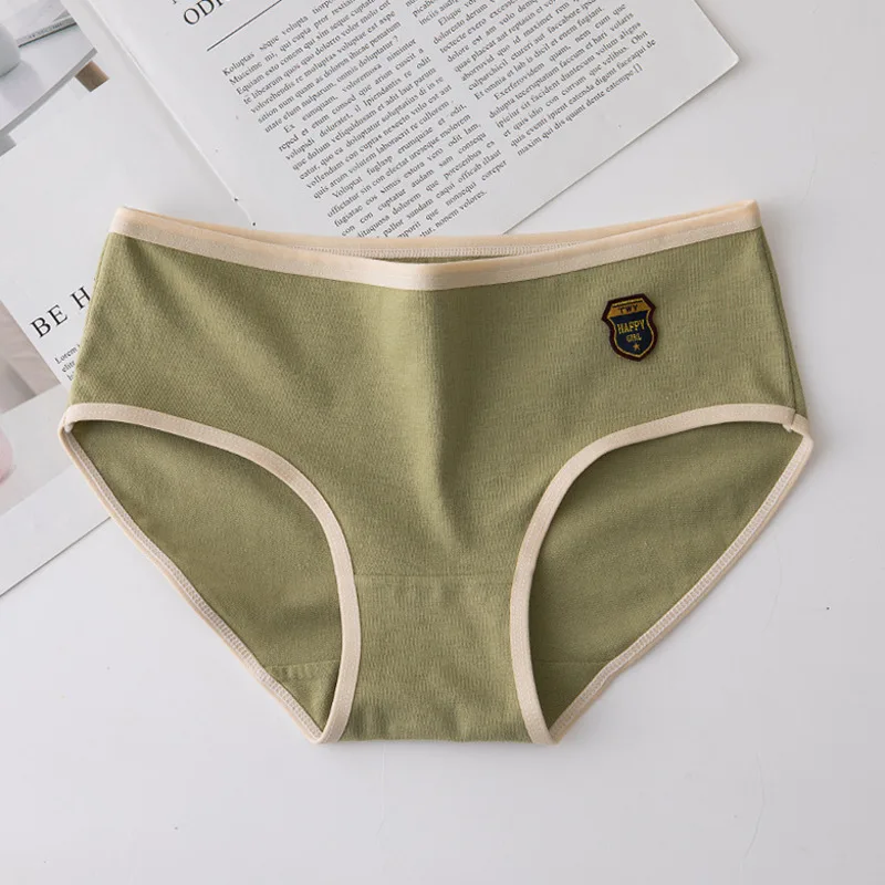 

2021 Cotton Women's Underwear Comfortable Seamless Underpants Embroidery Badge Panties Solid Lingerie Mid Waist Girls Briefs
