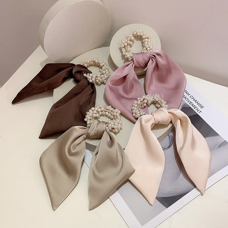 

Ribbon Pearl Solid Bow Streamers Women Hair Rope Ponytail Holder Hair Scarf Bowknot Elastic Hair Bands Hair Ribbon Scrunchies