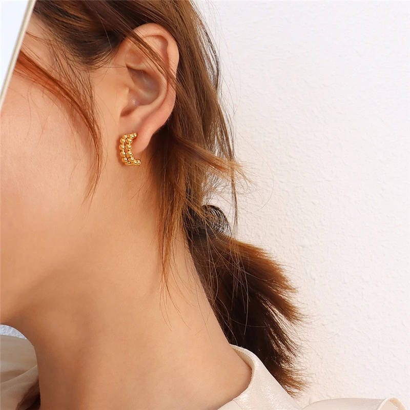 

High Quality Double Layer Bead Stud Earrings for Women Luxury Jewelry Wholesale Gift Fashion Gold Color Stainless Steel Earcuffs