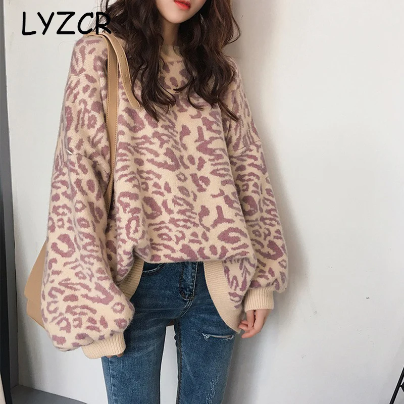 Зимний пуловер женский свитер с леопардовой раскраской Вязаный Свитер оверсайз