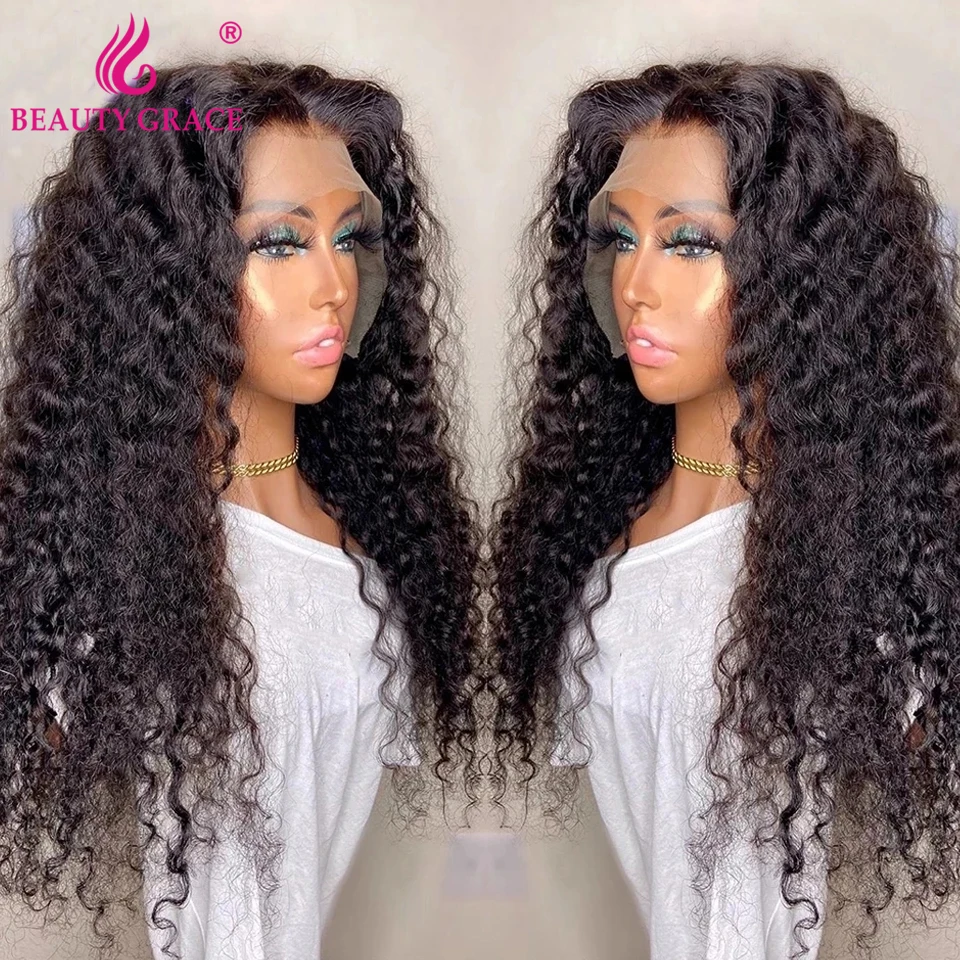 Long 30 Inch Curly Deep Wave Lace Frontal Wigs For Women Brazilian T Part Lace Front Human Hair Wig Pre plucked Lace Closure Wig