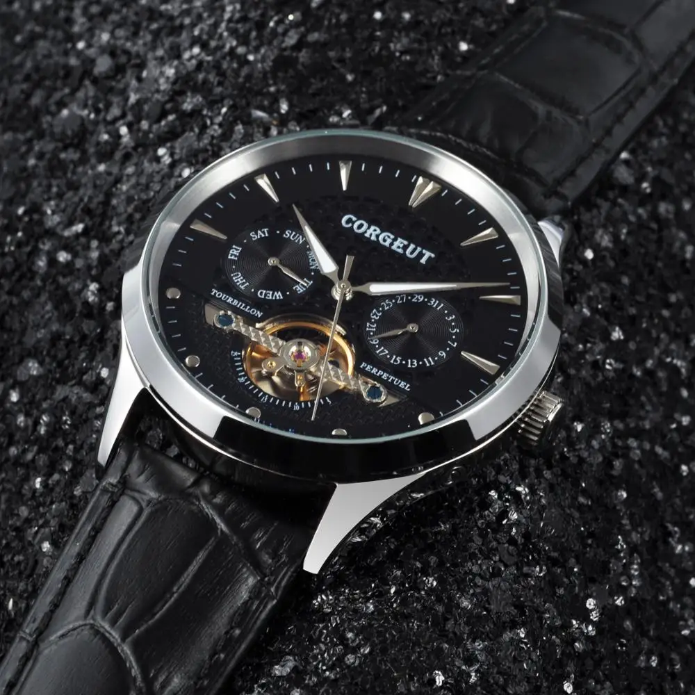 Corgeut 44 мм черный циферблат чехол из нержавеющей стали кожаный ремешок Дата