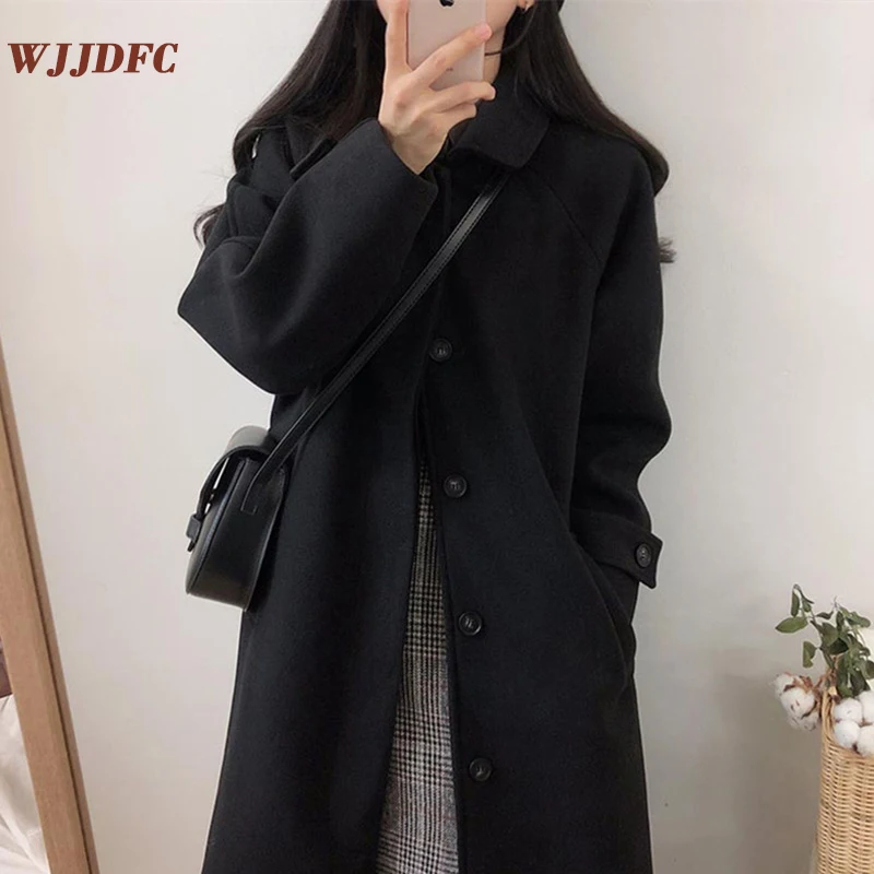 

Шерстяное пальто в стиле Хепберн WJJDFC, Женская свободная осенне-зимняя куртка, новинка 2021, черные утепленные пальто средней длины
