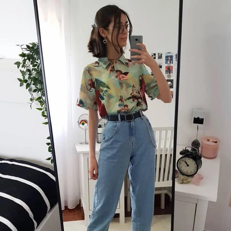 

Vintage Aesthetic Cupid Angel Print Women' Blouse Shirt Cardigan Short Sleeve Summer Top Graphic Blouse Women Clothes 2019 New