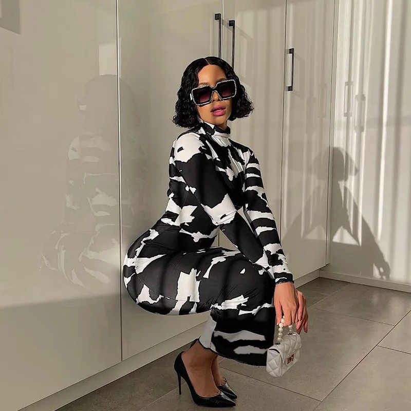

Women's Long Dress Fashion Stretch High Neck Cow Pattern Print Elegant Bodycon Dresses Long Sleeve Plus Size Women Vestidos 2021