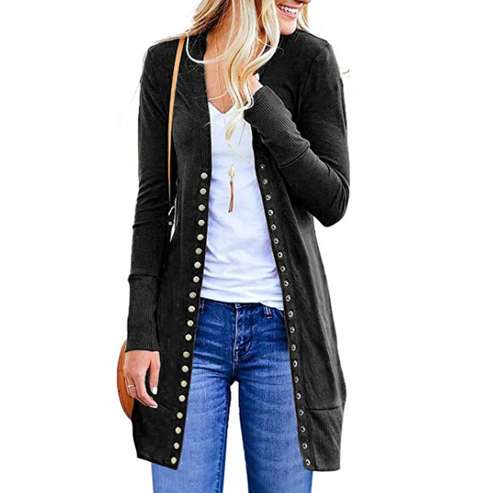 2019 модные осенне зимние Джемперы для девушек длинный свитер на пуговицах вязаный