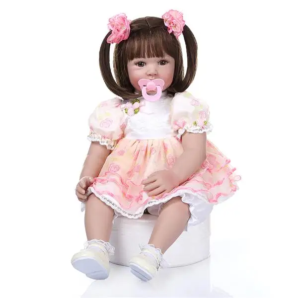 

doll toy 24" Beautiful Simulation Baby Short Hair Girl Doll Wearing Pink Print Gauze gift