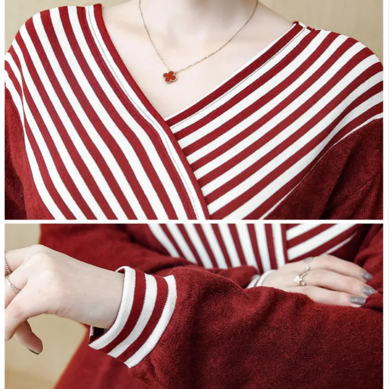 

Autumn Winter Loose Dress Maternity Dresses Fat Woman Long Sleeve Stripe V-neck Knitting Pregnancy Dress Large Size Women Skirt