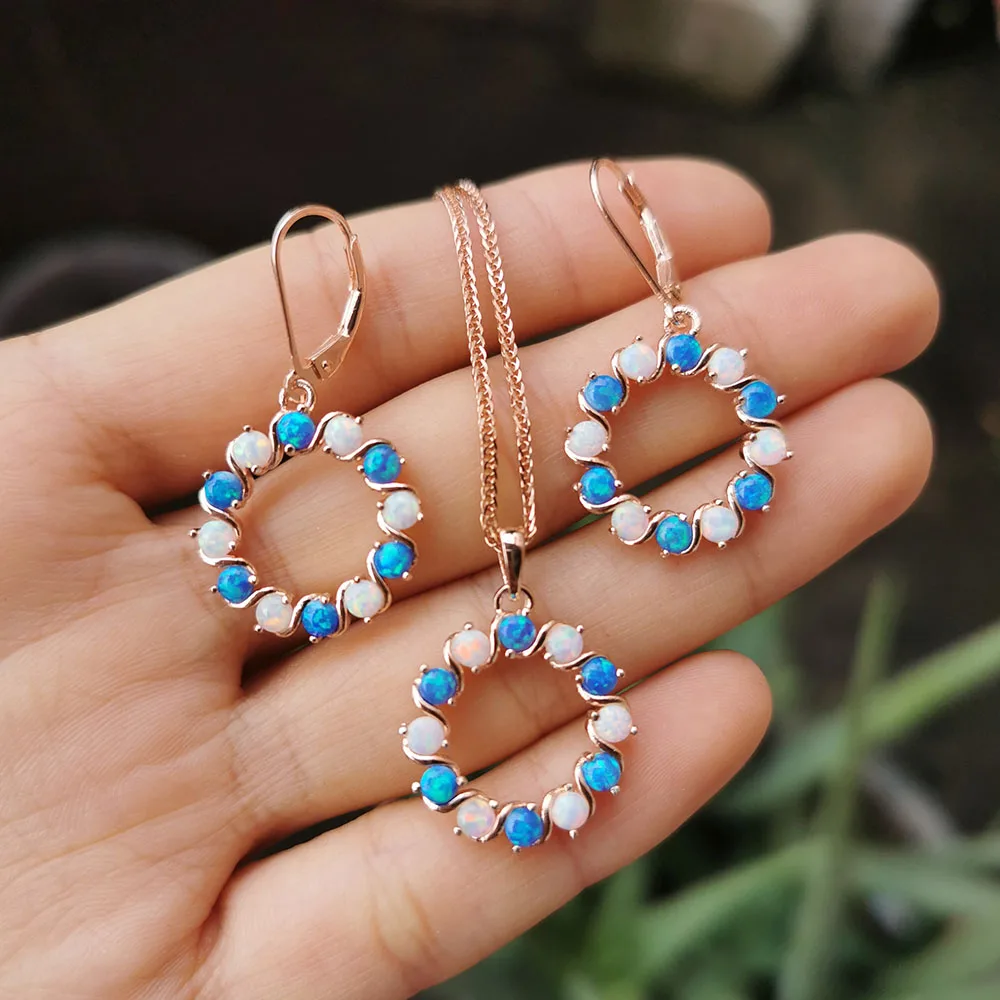 MHJewelry 3 мм Круглый Белый/Синий/Розовый огненный опал серьги и ожерелье набор для