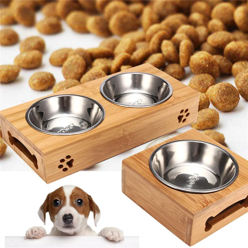 

Double Single Dog Bowls for Pet Puppy Stainless Steel Bamboo Rack Food Water Bowl Feeder Pet Cats Feeding Dishes Dogs Drink Bowl
