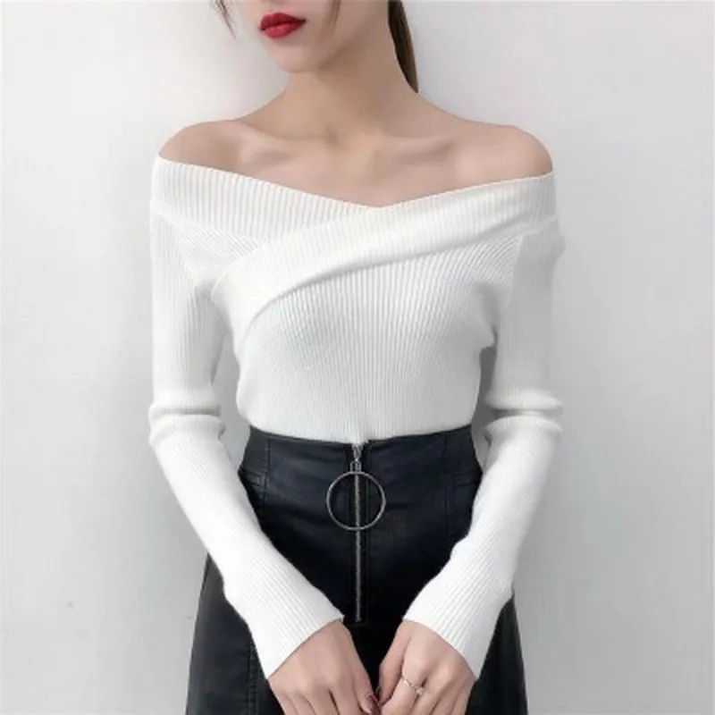 

CN 2021 Spring Autumn Women Sweater Korean Sexy Slash Neck Solid Pullovers Elegant V Neck Slim Fit Long Sleeve Sweater Women