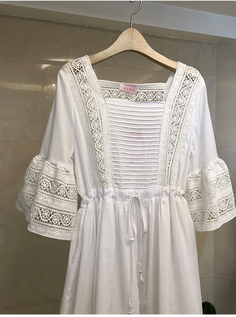 

Vacation Solid Women's Dress 2020 New Sexy Square neck Lace Patchwork Dresses Half sleeve Hollow Out Loose short Dress