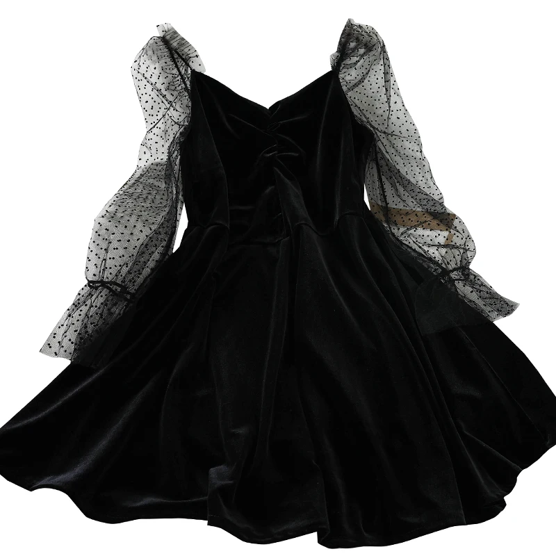 

Винтажное бархатное черное платье с длинным рукавом в гонконгском стиле для женщин, кавайная Готическая Лолита, косплей