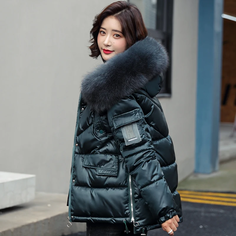 

Winter Coat Women Puffer Jacket Hooded Cotton-Padded Short Woman Parkas Fur Collar Solid Color Loose Winter Clothes