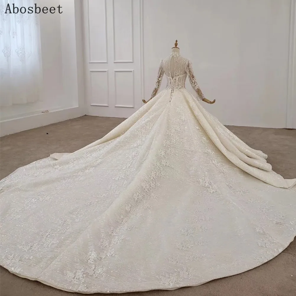 Luxury Fancy Beads Shining Ball Gown Wedding Dress 2021 New Long Sleeve Wedding Gown Elegant High Collar Cathedral Train 200CM