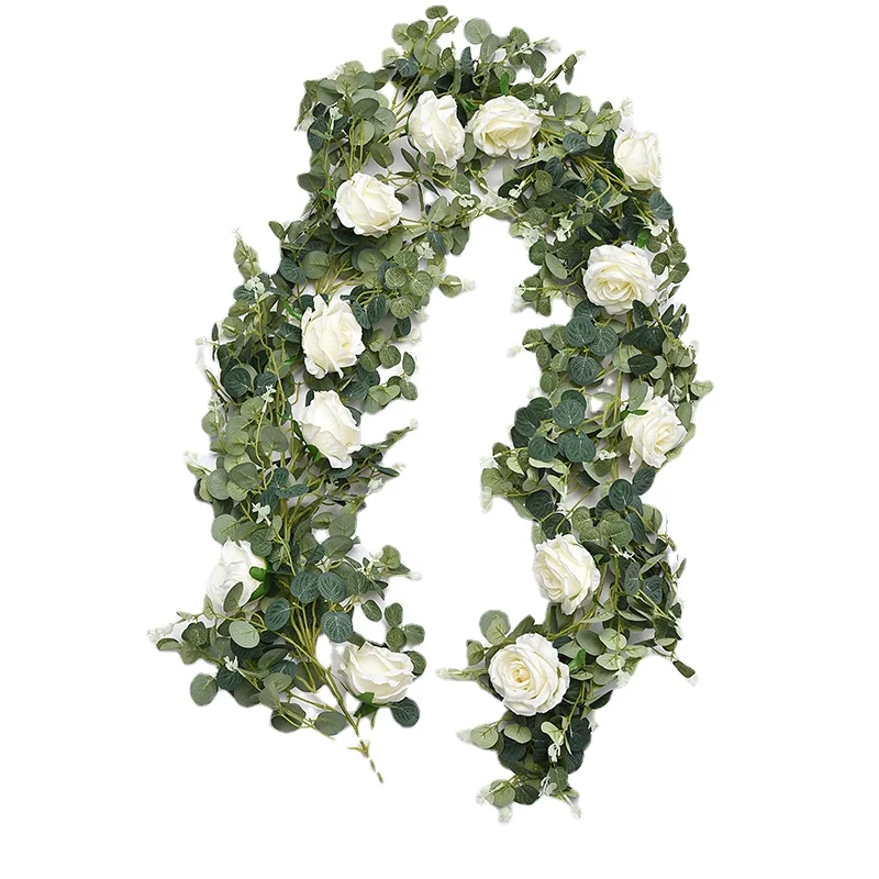 Hoja de eucalipto, vid Rosa Artificial, flor rosa, hojas de eucalipto, vid, camino de boda, plomo, decoraci&oacute;n de la habitaci&oacute;n, est&eacute;tica-0