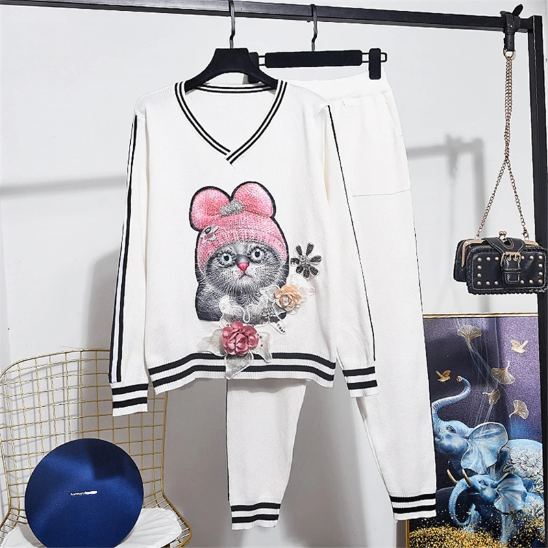 Женский спортивный костюм с длинным рукавом вязаный свитер котом + повседневные