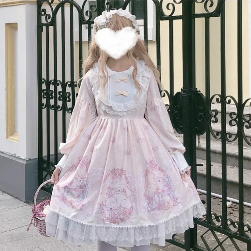 

OP японская Лолита Леди Кот с длинным рукавом мягкая кукла девочка с круглым вырезом милый узор послеобеденный чай платье розовый белый сини...