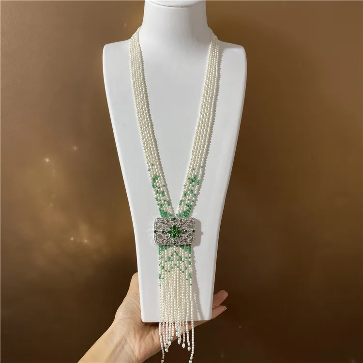 

5 rows 3-4 mm rice freshwater cultured pearl green stone micro inlay zircon accessories tassel pendant sweater necklace