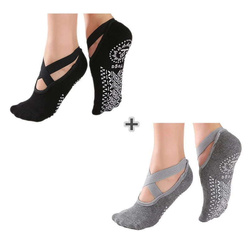

2 Pairs Non Slip Yoga Socks Pilates Women Slip Grips Straps for Ballet Dance
