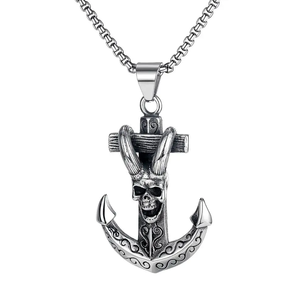 

Hip-Hop Skull Pendant Necklace For Men Punk Anchor Jewelry Stainless Steel Chain