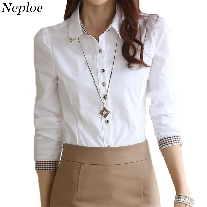 Женская офисная блузка с длинным рукавом Neploe белая деловая рубашка и отложным