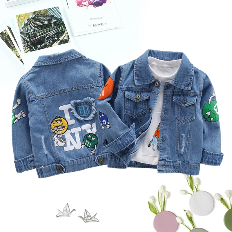 Kid Boys Jeans Coats Cartoon M Printed Denim Jackets Blue 2 3 4 5 6 7 8 Years Baby Girls Children Clothing Toddler Autumn Spring